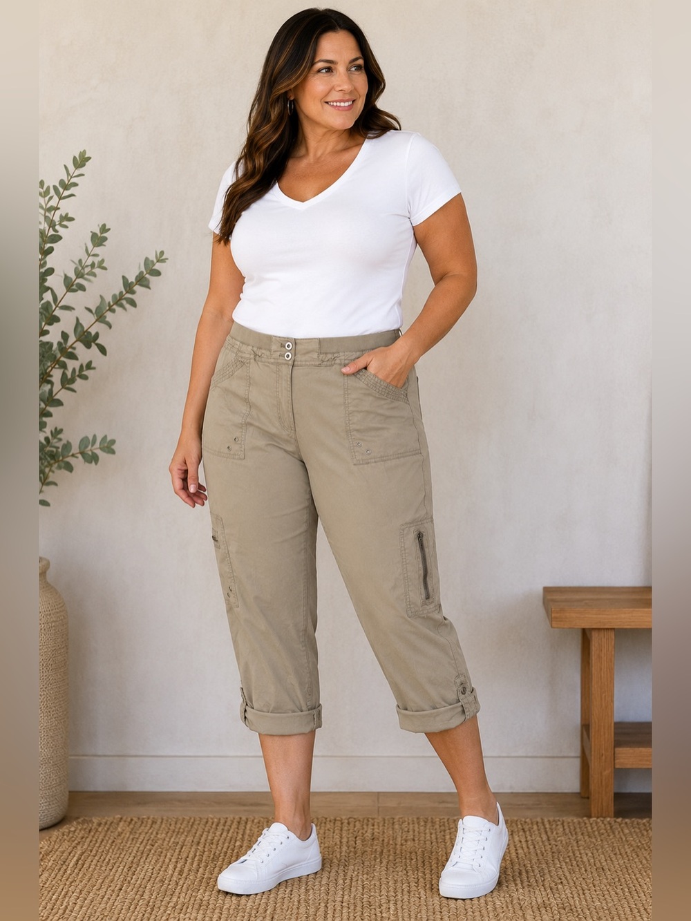 Chico’s Size 1.5 Khaki Convertible Cargo Pants Roll Tab Utility Outdoors Casual